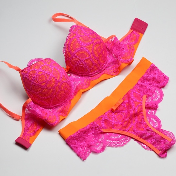 Neon lace push-up bra & thong panty - 2 piece set - Picture 5 of 15